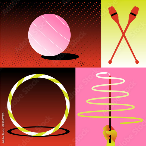 Vibrant pop art illustration set of rhythmic gymnastics apparatus including ball, clubs, hoop, and ribbon