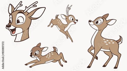 Cute Deer Fawn Character Set for Children Book Illustration Wildlife Design Projects Happy Mood
