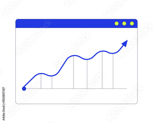 Rising line chart in browser window 2D cartoon object. Curved upward. Business growth. Financial data inside web interface isolated element flat vector clip art on white. Spot illustration