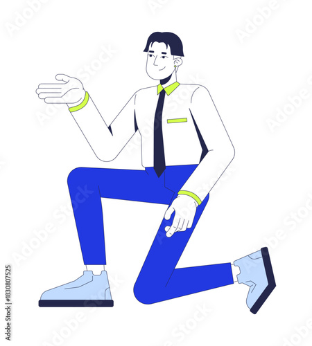 Korean business man kneeling and presenting 2D cartoon character. Friendly office worker. Asian young employee gesturing, pitching idea flat vector person isolated on white. Spot illustration colorful