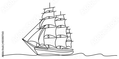 Continuous line drawing of a majestic tall ship, a traditional sailing vessel with full sails set, gracefully cruising across the ocean waves Vector, illustration