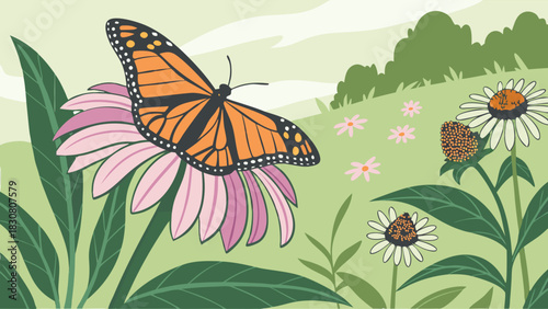 Monarch Butterfly on Pink Coneflower in Summer Meadow Inspiring Nature's Beauty for Wellness and Eco-Friendly Marketing Campaigns