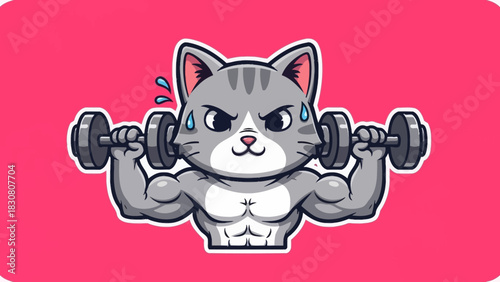 Cartoon cat lifting dumbbells, showcasing muscular physique against a pink background, emphasizing fitness and determination.
