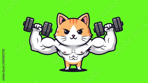 A strong and muscular cartoon ginger cat character lifting heavy dumbbells and flexing its biceps.