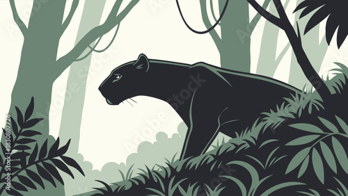 Powerful Black Panther Prowling Through Dense Tropical Jungle. Wild Big Cat Wildlife Illustration for Nature Documentary and Environmental Design.