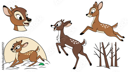 Playful Cartoon Fawn Deer Vector Illustrations in Dynamic Poses and Winter Forest Scene for Children's Books Nursery Decor and Educational Design Projects