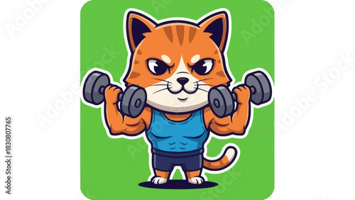 Cartoon of a muscular cat lifting dumbbells, set against a green background.