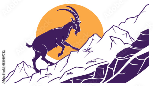 Ambitious Ibex Mountain Goat Climbing Rocky Peak Towards Rising Sun for Business Growth, Challenge, and Personal Success