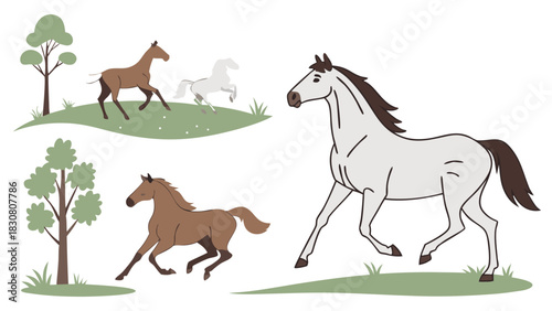 Wild Horses Running in Green Meadow. Dynamic Vector Illustration for Nature, Freedom, Equine Sports, and Outdoor Lifestyle Marketing Design.