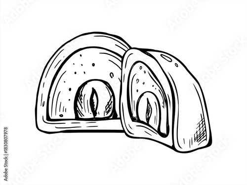 Two halves of nut candy with fillings inside vector isolated line art painted by black inks. Monochrome hand drawn cross section sweets with chocolate, praline and hazelnut kernel illustration