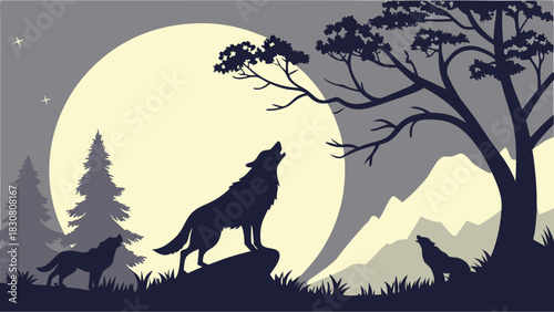 Wild Wolves Howling at Full Moon in Dark Forest Mountain Silhouette for Nature, Wildlife, Adventure, and Mystical Outdoor Design