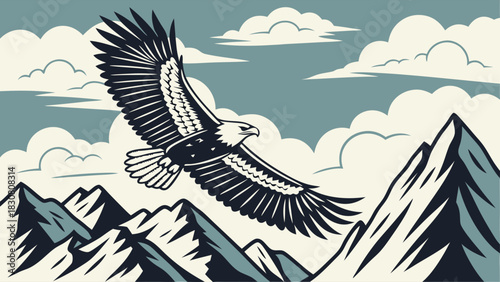 Powerful Bald Eagle Soaring Above Snowy Mountain Peaks Vector Art for Business Leadership Success and Outdoor Travel Branding