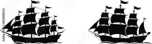 Sailing ships majestic classic vessel silhouettes on the sea for nautical or historical themed projects. Vector illustration.