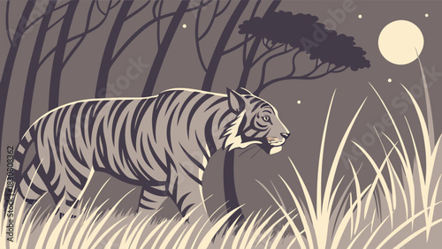 Stealthy Tiger Prowling Through Tall Grass in Jungle Forest at Night Under Moonlight Wildlife Vector