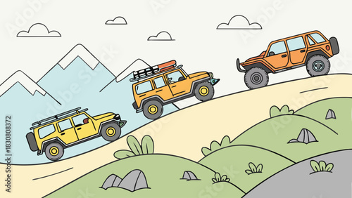 Off-Road Adventure SUVs Climbing Winding Mountain Road Outdoor Exploration Journey Travel Tourism Marketing Flat Design