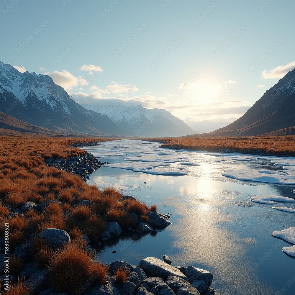 Obraz premium River flowing through mountains at sunrise in a valley Generative AI