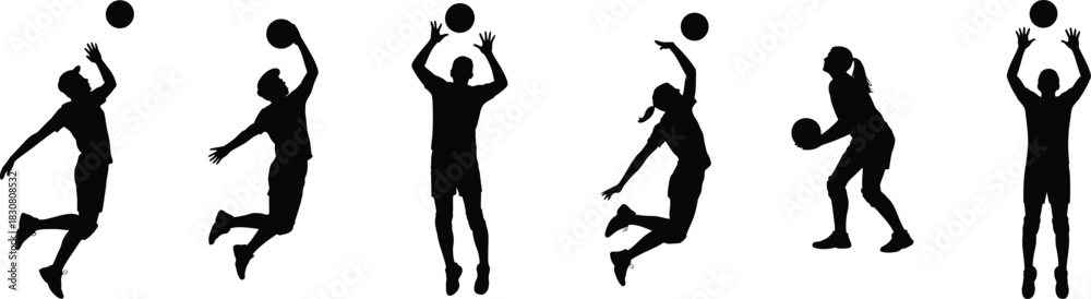 Obraz premium Volleyball players energetic silhouettes ready to spike, jump, and serve for team sports designs. Vector illustration.