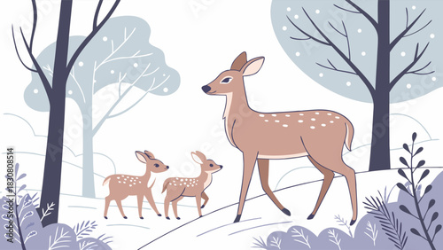 Gentle Deer Family Walking in Snowy Winter Forest Flat Illustration for Kids Books Holiday Cards and Nature Design