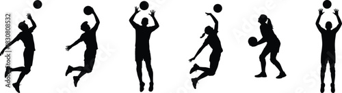 Volleyball players energetic silhouettes ready to spike, jump, and serve for team sports designs. Vector illustration.
