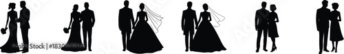 Wedding couples romantic silhouette poses capturing timeless love and commitment for elegant invitations. Vector illustration.