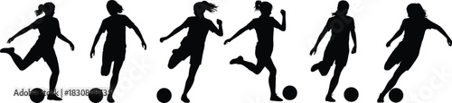 Women soccer players dynamic kicking and action silhouettes for sports branding and athletic graphics. Vector illustration.