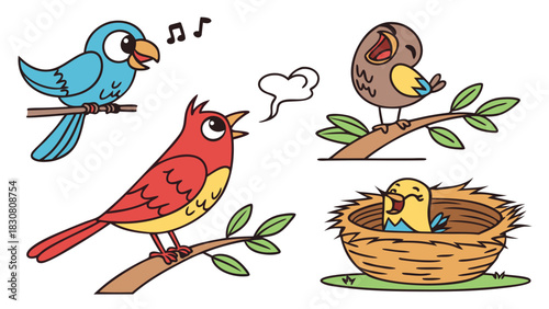 Cute Cartoon Birds Singing and Chirping. Happy Songbirds on Branches and Baby Bird in Nest for Kids' Education, Spring Themes, and Apps.