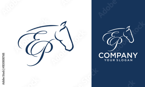 Creative letter EP simple with horse racing vector logo template