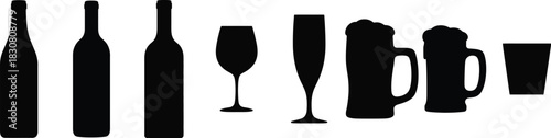 Wine bottles elegant silhouettes of bottles, champagne flutes, and beer mugs for menus and branding. Vector illustration.