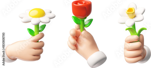 A 3D set of hands holding a single flower: a rose, a chamomile, and a daffodil.