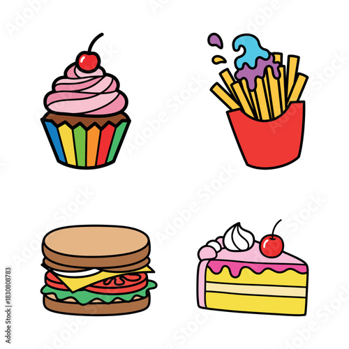 A vibrant and playful collection of hand drawn fast food and sweet dessert icons featuring a cupcake, bizarre fries, hamburger, and slice of cake