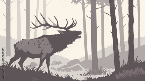Majestic Elk Deer Calling in Forest Silhouette for Wildlife Conservation Posters, Nature Education Art and Outdoor Adventure Design Projects
