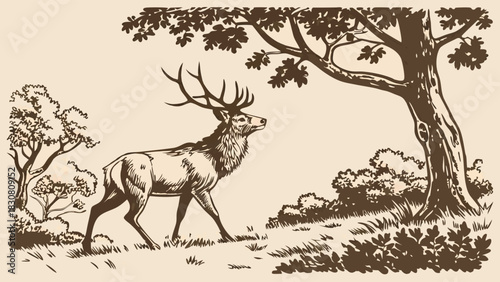 Majestic Forest Stag Wildlife Landscape Illustration for Nature Conservation Posters, Outdoor Education Art, Woodland Decor and Creative Animal Themed Projects for Learning and Design
