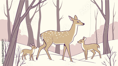 Forest Deer Family Winter Landscape Illustration for Wildlife Education, Nature Conservation Posters, Nursery Animal Art and Creative Seasonal Learning Projects for Children
