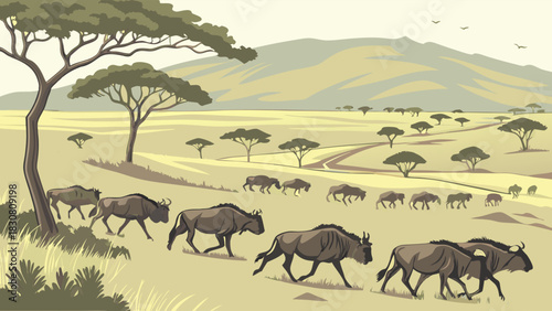 African Savannah Wildebeest Migration Landscape Illustration for Wildlife Education, Safari Travel Posters, Nature Conservation Art and Geography Learning Projects for Children
