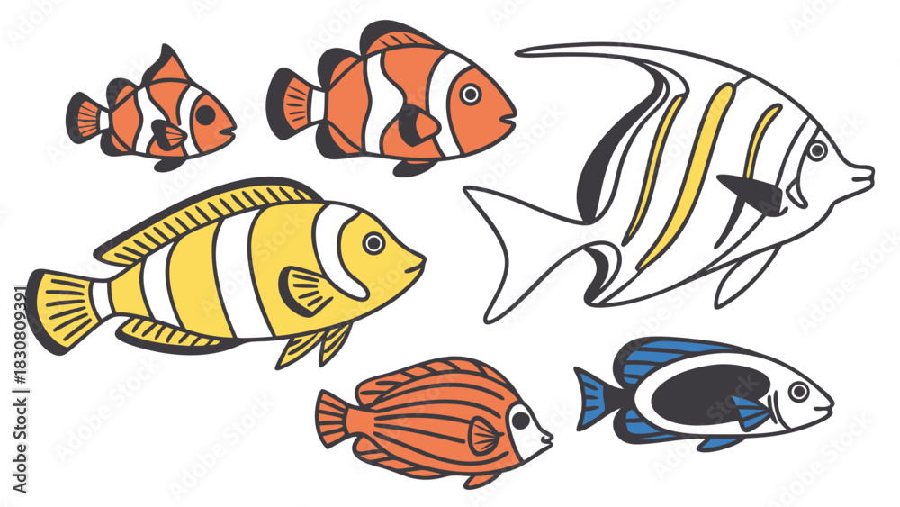 Naklejka premium Vibrant Exotic Tropical Fish Illustration Set Featuring Multiple Colorful Marine Species in Bright Underwater Ocean Scene for Wildlife Nature Artwork Educational Graphics and Creative Design Projects 
