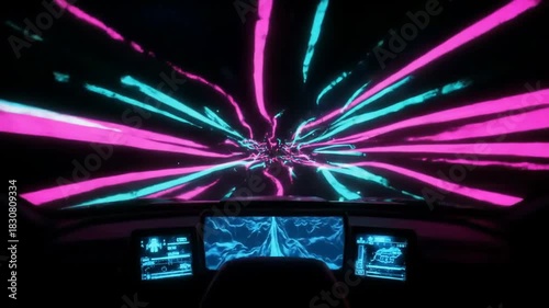 Car cockpit traveling through neon pink/teal tunnel with digital displays. Great for Sci-Fi visuals