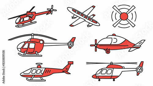 Comprehensive Helicopter and Aircraft Illustration Set Featuring Multiple Flying Vehicles in Clean Technical Line Art Style for Aviation Transport Engineering and Creative Design Projects
