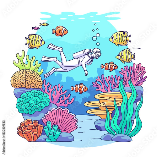 Underwater Paradise Scuba Diver Exploring Colorful Coral Reef with Exotic Fish and Marine Life