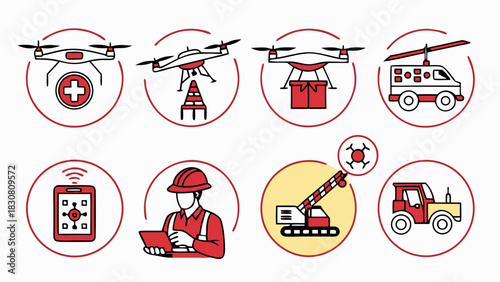 Advanced Industrial Drone Operation and Construction Machinery Control Icon Set Featuring Remote Piloting, Safety Management, Delivery Drones and Engineering Technology Illustration Artwork
