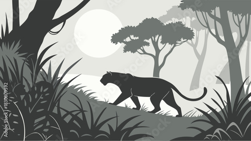 Dramatic Panther Silhouette Walking Through Dark Moonlit Forest in Atmospheric Wildlife Nature Illustration Scene
