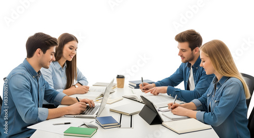 Group of students working together at a table isolated on transparent background