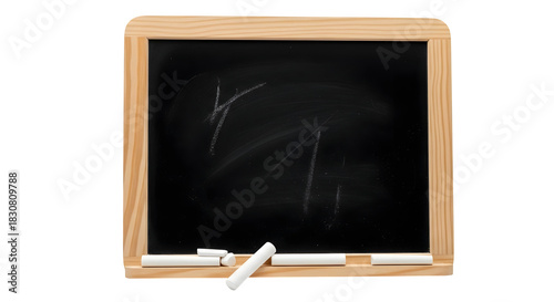 Small chalkboard with chalk pieces for writing and drawing isolated on transparent background