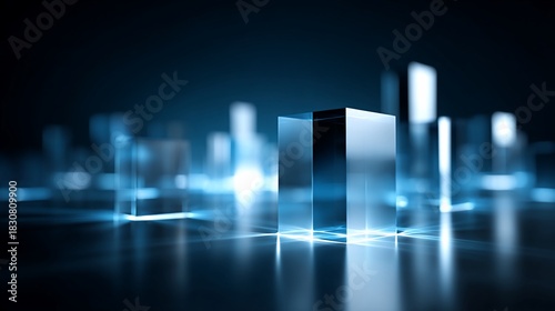 Illuminated translucent building blocks create a futuristic cityscape with soft blue light