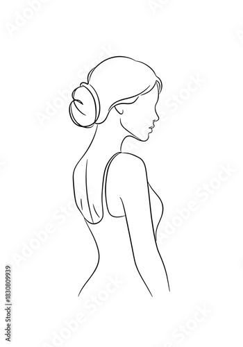 Elegant woman silhouette in profile with bun hairstyle and modest pose  