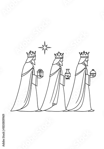 Three wise men walking with gifts under a star for Christmas  