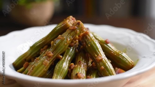 Drumstick curry dish served on white plate, in home setting, perfect for culinary blog/food recipes