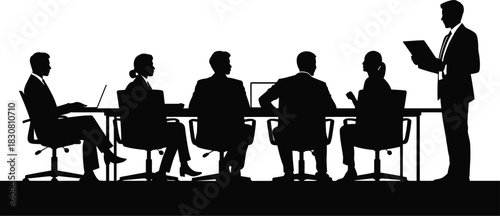 Business meeting active professional team silhouettes for corporate project presentations. Vector illustration.