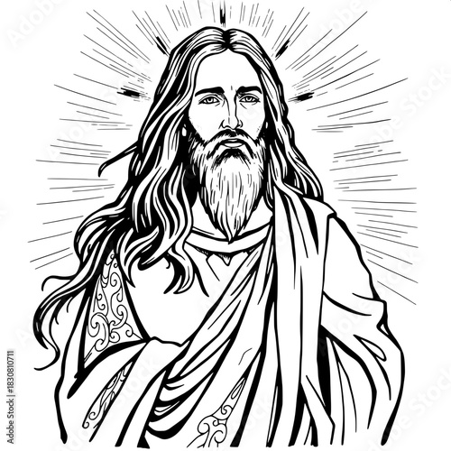 Monochrome illustration of Jesus Christ with long flowing hair and a beard that falls to his chest, wearing intricately designed robes that flow and fold in a gentle, rhythmic motion, placed in a cent