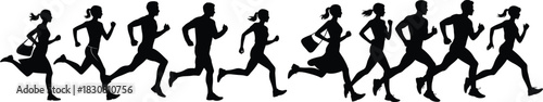 Running group diverse people sprinting together symbolizing fitness and teamwork. Vector illustration.
