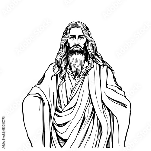 Monochrome illustration of Jesus Christ with long flowing hair and a beard that falls to his chest, wearing intricately designed robes that flow and fold in a gentle, rhythmic motion, placed in a cent